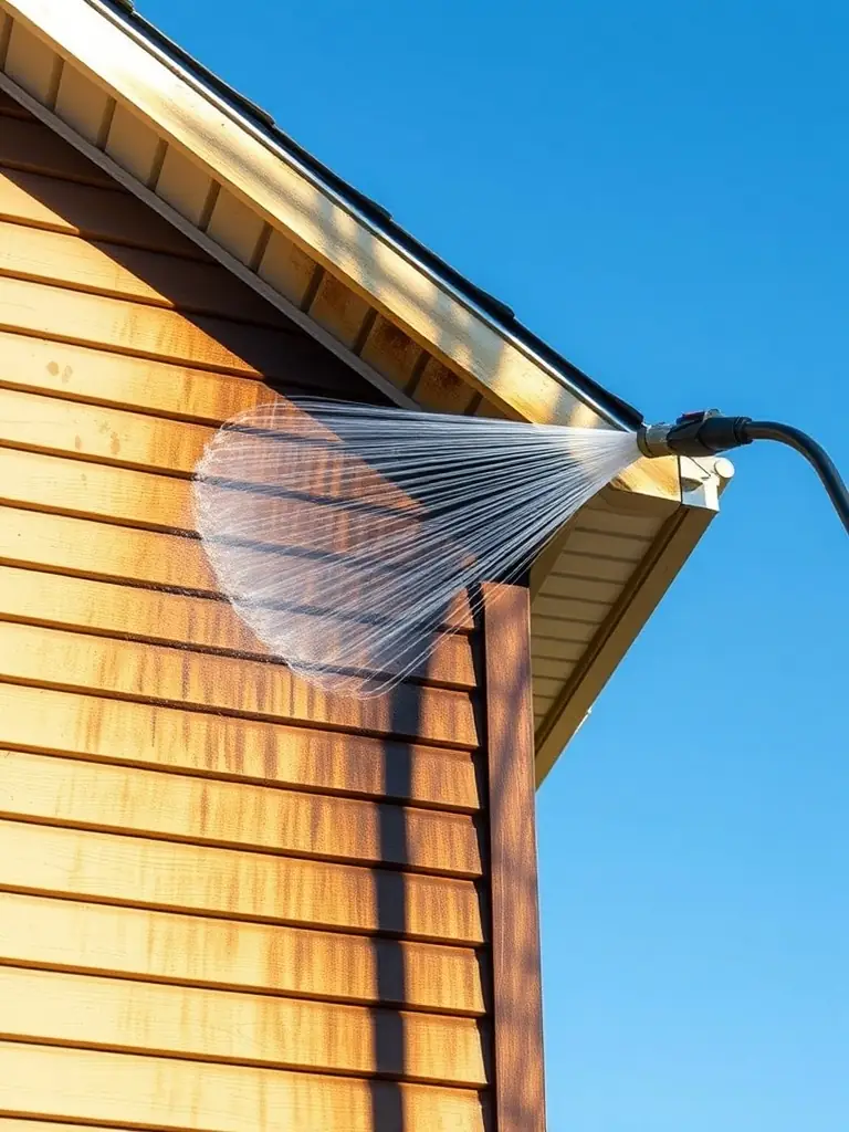 A residential house with visibly dirty siding being power washed, showcasing the immediate cleaning effect.