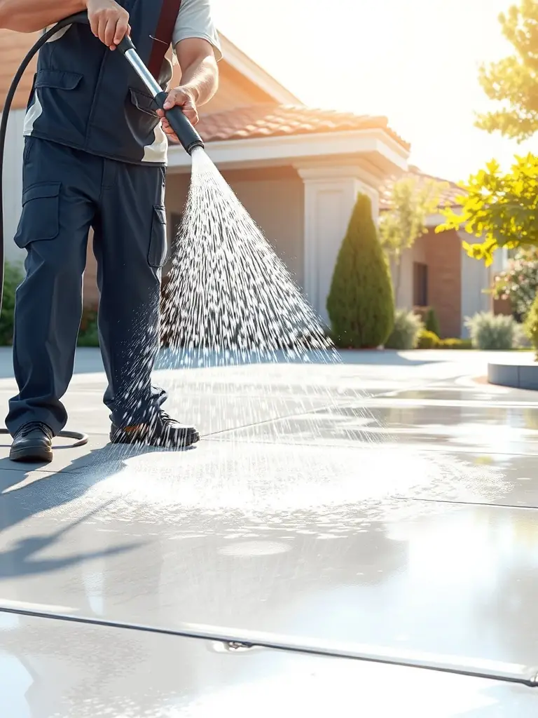 A high-resolution image of a professional power washing process on a driveway, showcasing the cleaning power and results.