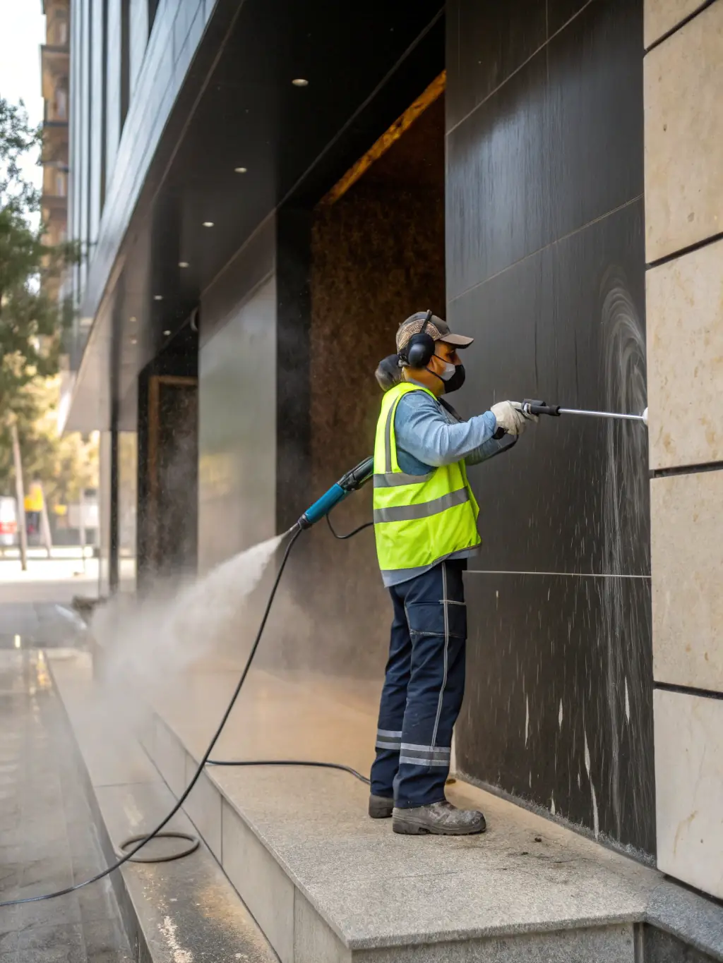 A close-up shot of a Denver Pressure Washing technician expertly operating a power washing machine, demonstrating precision and control.