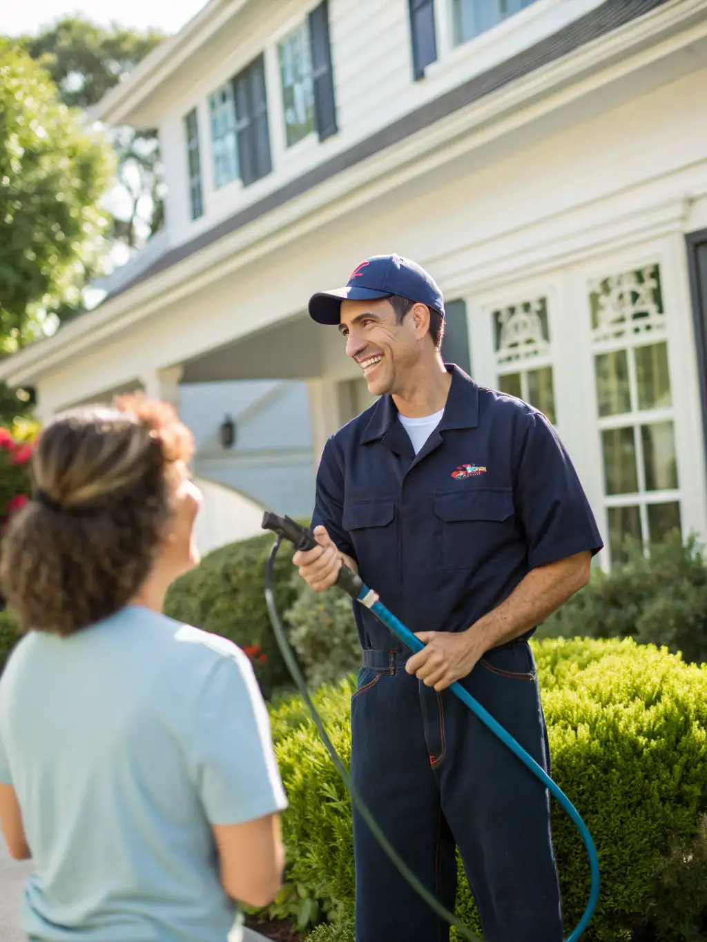 A Denver Pressure Washing team member smiling and interacting positively with a customer in front of a freshly cleaned home.