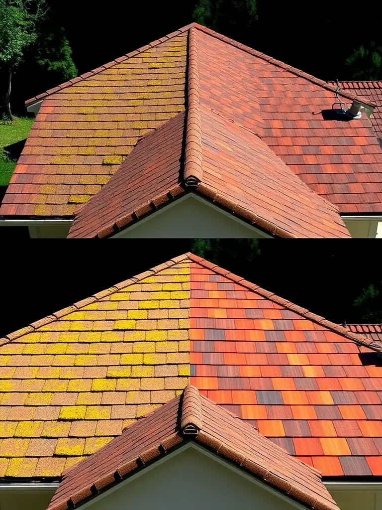 A side-by-side image showing dirty vinyl siding before and after soft washing.