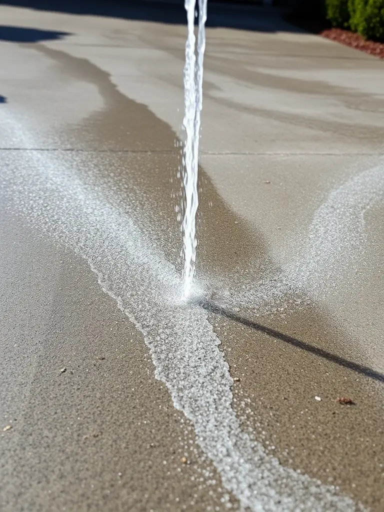 A dirty, stained driveway being power washed, showing the removal of oil stains and grime to restore its original look.