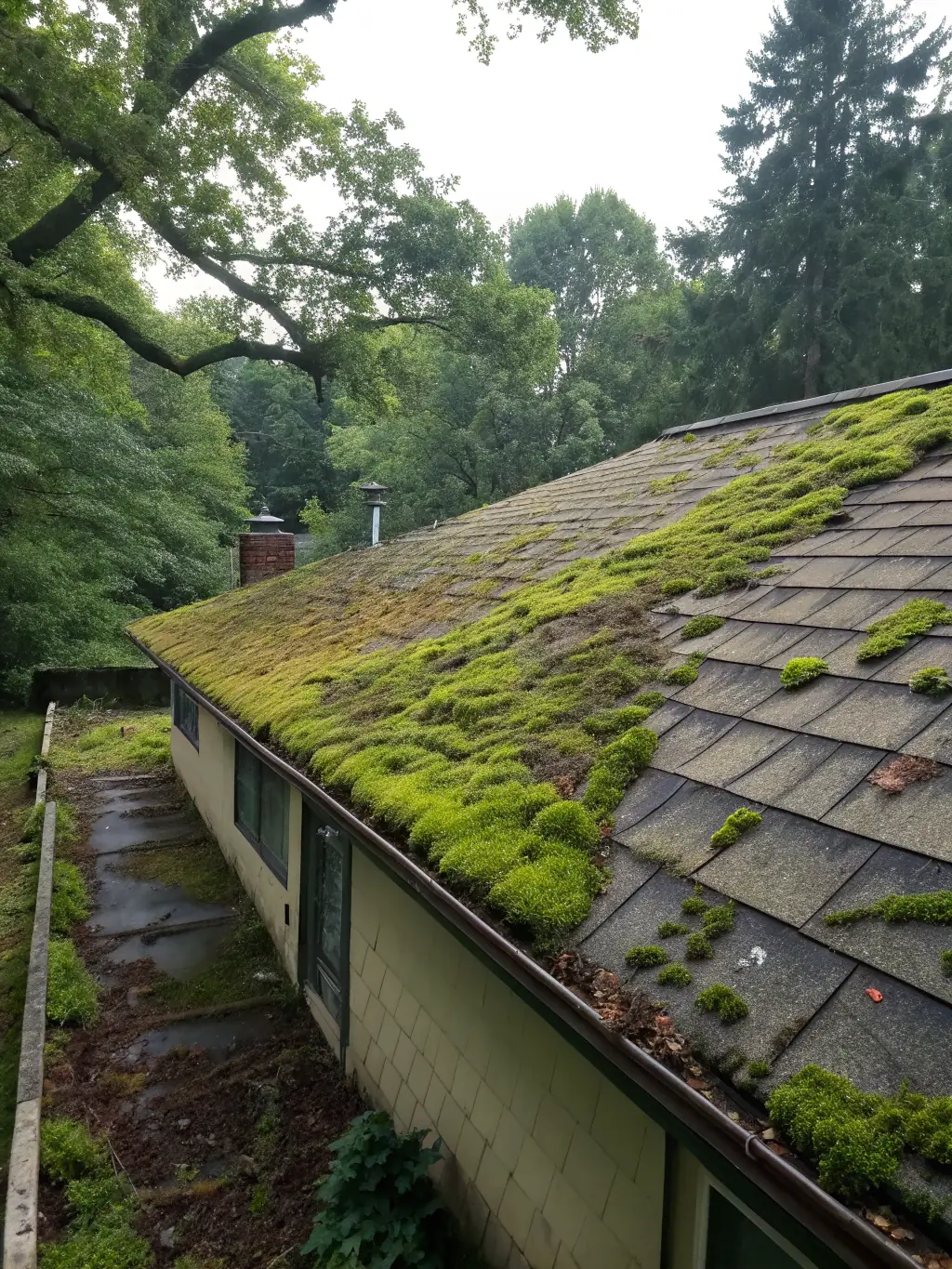 A roof covered in moss and algae being cleaned with a soft washing system, demonstrating the gentle yet effective cleaning process.